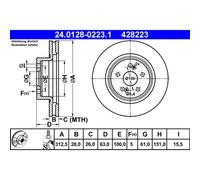 ATE Disque de frein 24.0128-0223.1 avant, ventilé, à haute teneur en carbone, 1 pièce