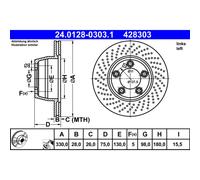 Disque de frein ATE 24.0128-0303.1 arrière, ventilé, à haute teneur en carbone, 1 pièce