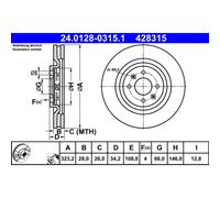 Disque de frein ATE 24.0128-0315.1 avant, ventilé, à haute teneur en carbone, 1 pièce