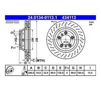 Disque de frein ATE 24.0134-0113.1 avant, ventilé, à haute teneur en carbone, 1 pièce