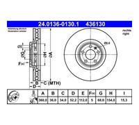 Disque de frein ATE 24.0136-0130.1 avant, ventilé, à haute teneur en carbone, 1 pièce