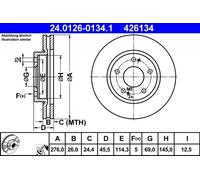 Disque de frein ventilé 24.0126-0134.1 ATE pour MITSUBISHI LANCER VII