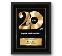 Disque d'Or mural 20 ans anniversaire façon vinyle - Cadeau personnalisé | Pour un anniversaire de 20 ans, impression décorative façon disque d'or à offrir, personnalisée de votre texte et message