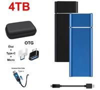 Disque Dur Externe SSD Portable 4TB 4To Bleu avec OTG + Étui Housse Sac de Protection HDD pour PC Ordinateur Téléphone Mobile