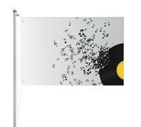 Disque vinyle déchiré et notes de musique volant dans les airs,Drapeau de jardin, bannière décorative, drapeau double face, 2 x 3 pieds, pour extérieur et intérieur