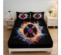 Disque Vinyle Flame Drap Housse Microfibre Doux 90x190x30cm, Drap Housse Thème Musical Lavable Microfibre avec Taies d'oreiller X2, Grand Bonnet 30 Cm pour Lit Simple, Noir