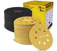 Disques de Ponçage Auto-agrippants 125mm 8 Trous - 70 Pièces, Mixte Grain 80/120/150/240/400/600/800 avec 5 Tampons de Densité Souple, Pour Ponceuse Orbitale Aléatoire, Crochet et Boucle