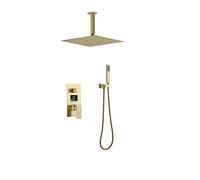 Disqueur numérique Douche combinée Plafond Plafond monté de Salle de Bain Piè de Douche de Douche avec Pomme de Douche en Acier Inoxydable, Douche à Main, boîte intégrée, Or brossé, 10 Pouces