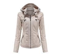 DISSA Blouson moto femme simili cuir courtà capuche,EU 36-52 | capuche à cordon amovible,multi poches zippées,poignets finis,voyage urbain,extérieurléger