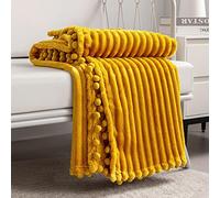 DISSA - Couverture Polaire en Flanelle Douce, Moelleuse, Chaude, Confortable avec Franges et Pompons, Parfaite pour canapé, lit, Sofa, 129,5 x 160 cm, Jaune