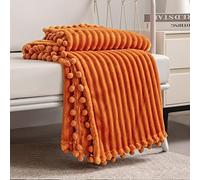 DISSA Couverture polaire en flanelle douce, moelleuse, chaude, confortable avec franges et pompons, parfaite pour canapé, lit, sofa, 129,5 x 160 cm, orange