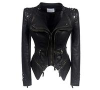 DISSA femme Veste motard zippée en simili cuir Noir,P603,XL