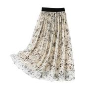 DISSA Jupe en Soie Femme Fluide Taille élastiquée 100% Soie Jupe plissée Midi Imprimée Beige,EU 42,S2010-2