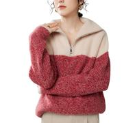 DISSA Pull Cachemire Femme Col Demi-Zip Bicolore,Rouge,M