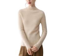 DISSA Pull Cachemire Femme Col Montant Uni Tricoté Ajust Manches Longues Fin Pull en Cachemire et Laine,Beige,EU 36,MA9105