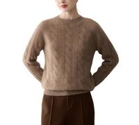 DISSA Pull Cachemire Femme Col Rond Torsade Tricoté en Vrac Manches Longues Fin Pull en Cachemire et Laine,Marron,EU 40,MA9120