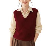 DISSA Pull sans Manche Cachemire Femme Bourgogne Col V Torsade Tricoté en Vrac sans Manche épais Pull en Cachemire et Laine,EU 34,SH515