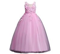 DISSA Robe Fille sans Manches Tulle Dentelle Fête,4-14 Ans | surjet dentelle délicat,nœud classique dos,fermeture cachée,jupe fluide complète,mariage,fête,anniversaire