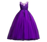 DISSA Robe Fille sans Manches Tulle Dentelle Fête,4-14 Ans | surjet dentelle délicat,nœud classique dos,fermeture cachée,jupe fluide complète,mariage,fête,anniversaire