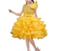 DISSA Robe pour Filles Princesse Tulle Col Rond sans Manche Paillettes Mariage Robe à étages Midi Soirée Enfants,Jaune,7-8 Ans,D390