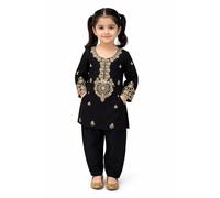 disson Ensemble Salwar Kameez brodé pour fille, costume traditionnel pakistanais et indien, encolure ornée d'or, manches longues, Noir , 5-6 ans