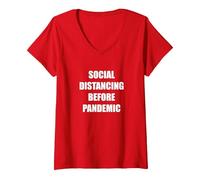 Distanciation Sociale Avant la pandémie T-Shirt avec Col en V, Femme, Rouge, S