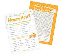 DISTINCTIVS Orange Little Pumpkin Jeu de 2 jeux pour fête prénatale, recherche de mots et qui connaît maman meilleur 2 jeux - 20 cartes, révélation du sexe de Little Pumpkin