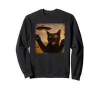 Distressed Cat UFO Selfie with Alien Invasion Kitten Novelty Sweatshirt