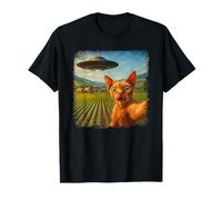 Distressed Devon Rex Cat UFO Selfie with Invasion Alien Pet T-Shirt