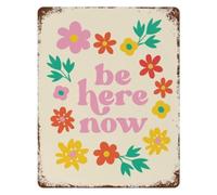 Distressed Vintage Tin Sign Be Here Now Botanical Leaf Pattern Wall Hanging for Patio Porch Garage Studio 8 X 12 inch
