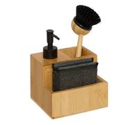 JJA Distributeur de savon avec brosse et éponge en bambou