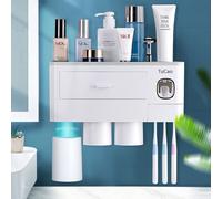Distributeur automatique de dentifrice avec porte-brosse à dents, montage mural, 7 fentes pour brosse à dents avec couvercle anti-poussière, 3 tasses magnétiques et tiroir d'organisation cosmétique(3