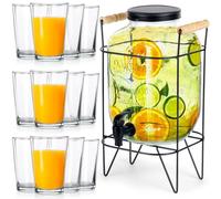 Distributeur Boissons Verre 5,5L avec Robinet Support + 12 Verres 200ml Set