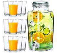 Distributeur Boissons Verre 8L avec Robinet + 12 Verres 200ml Set