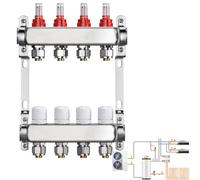 Distributeur Circuit Chauffage, Chauffage Sol 4 Circuits Chauffage Débitmètre Chauffage Chauffage Sol Acier Inoxydable Avec Débitmètre Sans Jeu Robinets à Boisseau Sphérique Filetage Extérieur 3/4"