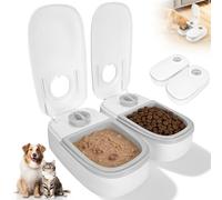 Distributeur Croquettes Chat Automatique avec Minuterie 48h, Mangeoire de Nourriture Animaux pour 2 Repas, Gamelle Humide et Sèche Croquette Chat, Bol Double pour Chats et Petits Chiens (Gris)