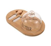 Distributeur de Beurre en Bambou avec Cloche en Verre, 2 Couteaux, Ovale | Plateau Rustique Chic, Base Résistante à L'usure, Conservation du Beurre, Usage Restaurant et Dîner