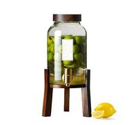 Distributeur de boissons de 5 litres, en verre, avec support en bois massif et robinet en acier inoxydable, pour jus, punchs, cocktails, thés glacés et thés glacés