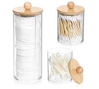 Distributeur de Coton-Tige 3pcs - Boîte de Rangement avec Couvercle en Bambou pour Salle de Bain - Porte-Tampons et Boules de Coton