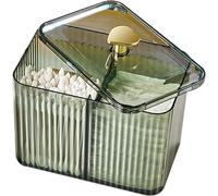 Distributeur de Coton-Tiges à 3 Compartiments avec Couvercle Transparent - Organisateur de Table et de Salle de Bain, Boîte de Rangement pour Disques et Coton-Tiges (Green)