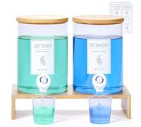 Distributeur de détergent à lessive en verre avec étagère et couvercle en bambou - Distributeur de détergent liquide, savon à lessive et adoucissant pour l'organisation et le rangement de la buanderie