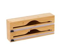 Distributeur de Film Alimentaire Relaxdays, 2 Rouleaux, tiroir, Bambou, H x L x P : 14 x 33 x 7 cm, Coupe-Film, Naturel