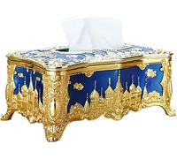 Distributeur de mouchoirs， Housse de boîte à mouchoirs rectangulaire en Acrylique avec Motif château Relief et Strass(Gold Precious Blue)
