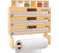 Distributeur de papier d'aluminium 4 en 1 en bois de bambou avec coupe-papier et support de papier pour papier d'aluminium, film alimentaire, papier parchemin, distributeur de film alimentaire pour ti