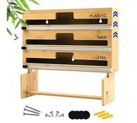 Distributeur de papier d'emballage en plastique 4 en 1 avec cutter, aluminium et film plastique avec porte-serviettes en papier, organisation de cuisine et rangement en bambou compatible avec rouleau