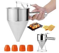 Distributeur de pâte à crêpes de 20 oz pour plaque chauffante avec support Entonnoir à piston en acier inoxydable avec 4 buses 18 mm Distributeur gâteau en entonnoir pour gâteau Dessert Outil