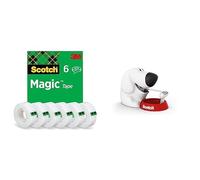 Distributeur de Ruban Adhésif en forme de Chien avec 1 RouleaudeRuban Magic - Pour Rouleaux jusqu'à 19 mm de Largeur x 7,5 m + Ruban Magic, 6 Rouleaux, 19 mm x 33 m