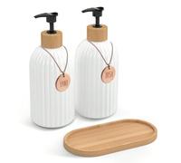 Distributeur de savon à main blanc 2 unités de 500 ml, bois avec pompe en bambou et plateau à savon, pour salle de bain et vaisselle