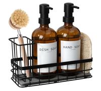 Distributeur de savon à vaisselle pour cuisine, 500 ml, distributeur de savon ambré pour les mains et la vaisselle, distributeur de savon de cuisine avec porte-éponge, porte-brosse et éponge luffa