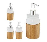 Distributeur de Savon Bambou, Lot de 4, céramique, Rechargeable, 225 ML, Pompe, Salle de Bain, WC, Nature/Blanc